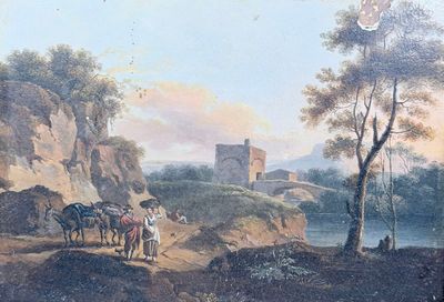 a painting of a horse drawn carriage on the side of the road