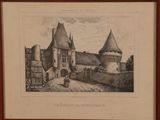 an old drawing of a castle with a man walking in front of it