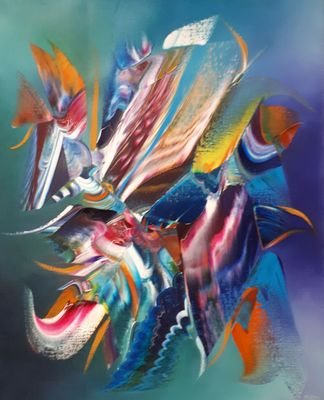 peinture abstraite représentant un groupe d'oiseaux colorés volant dans les airs