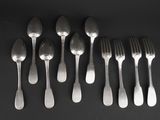 six silver spoons and six forks on a black surface