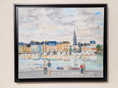peinture représentant une peinture montrant des personnes marchant sur un trottoir près d'un plan d'eau