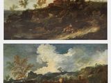 deux tableaux représentant un paysage avec, au premier plan, un homme et un chien, ainsi qu'un homme à cheval