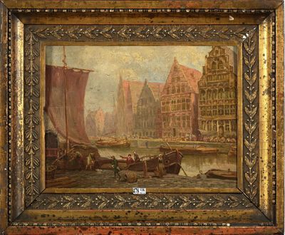 Huile sur panneau de chêne "Le Graslei à Gand".