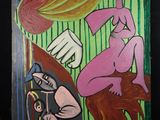 tableau représentant une femme en bikini assise sur un lit, à côté d'un tableau représentant un homme