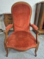 Fauteuil Voltaire en bois de placage et tissu orange. (photo 2)