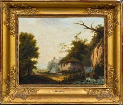un tableau représentant une scène fluviale avec un château au loin