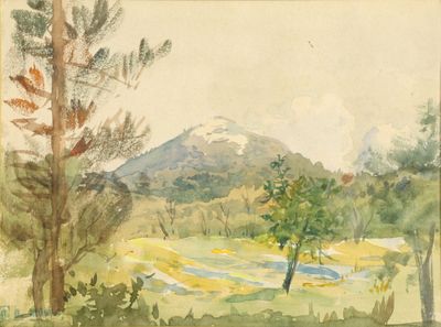 une aquarelle représentant un champ avec des arbres et une montagne en arrière-plan