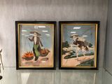 two paintings of a man and a cow on display in a glass case