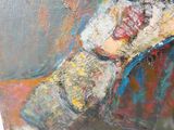 a painting of a woman sitting on a couch