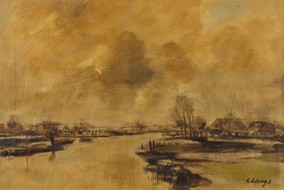 une image représentant un tableau où l'on voit une rivière avec des maisons au loin