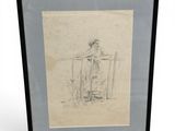 drawing of a woman sitting on a chair in front of a white background
