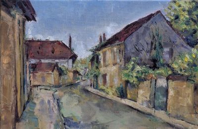 painting of a street in a small town with houses and trees