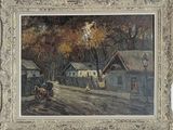 painting of a village scene with a horse drawn carriage in the foreground