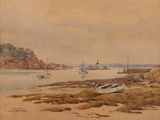 painting of boats in the water near a rocky shore