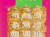 a bag of rice on a pink and green background