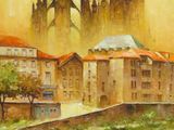 painting of a painting of a city with a church in the background