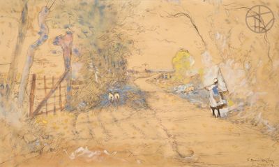 painting of a person walking down a dirt road with a dog