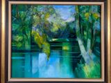 an oil painting of a river with trees in the background