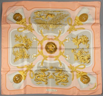pink and gold silk scarf with golden lions and medallions