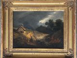 une peinture à l'huile représentant un paysage de montagne avec une maison au premier plan