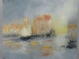 une peinture à l'huile représentant des bateaux dans un port avec des bâtiments à l'arrière-plan