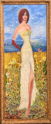 tableau représentant une femme en robe jaune debout dans un champ de fleurs