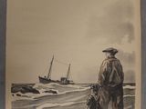 tableau représentant un homme et un enfant regardant un bateau au milieu de l'océan