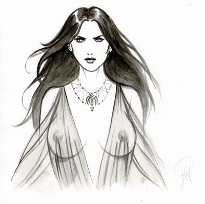 dessin représentant une femme aux cheveux longs portant un collier et une robe