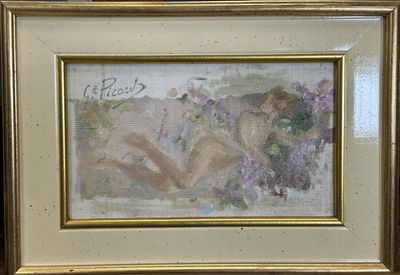 painting of a woman with flowers in a frame on a table