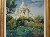 une peinture à l'huile représentant une église dans un parc, avec des arbres au premier plan