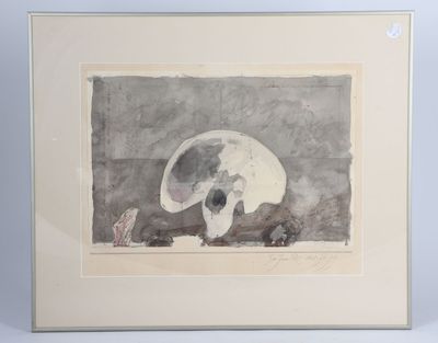 aquarelle encadrée représentant un éléphant et une souris posés sur une table