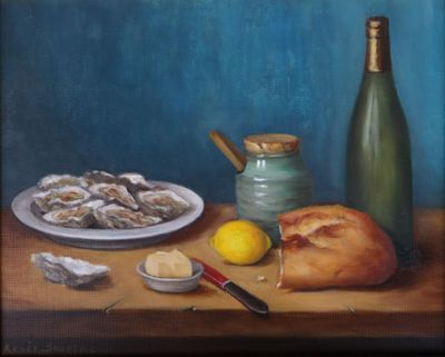 a painting of oysters and bread on a table next to a bottle of wine