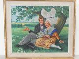 tableau représentant un homme et une femme assis sous un arbre dans un champ