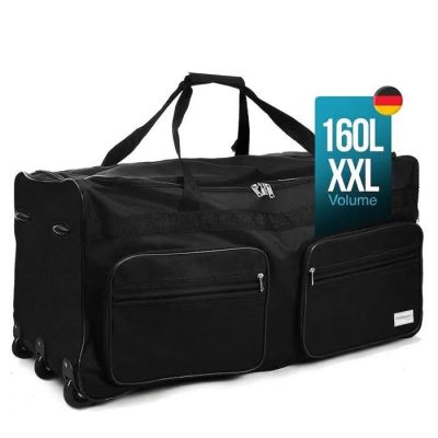 un grand sac de voyage noir à roulettes et poignées, sur fond blanc