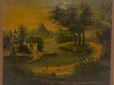 un vieux tableau représentant un paysage avec des personnages et des chevaux au premier plan