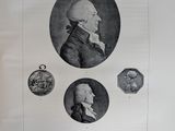 an old book with a picture of a man and two medallions on it