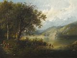peinture représentant un paysage avec une rivière et des montagnes en arrière-plan