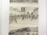 three pictures of people and horses in the street