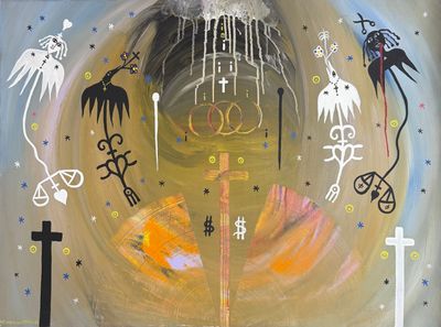une peinture représentant une peinture d'une croix et d'autres symboles religieux