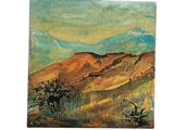 an image of a painting of a desert scene with mountains in the background