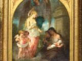 une image d'une peinture représentant une femme tenant un bébé sur ses genoux