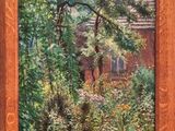 an oil painting of a garden with a house in the background