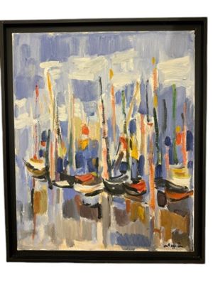 peinture abstraite représentant des voiliers dans un port par temps nuageux