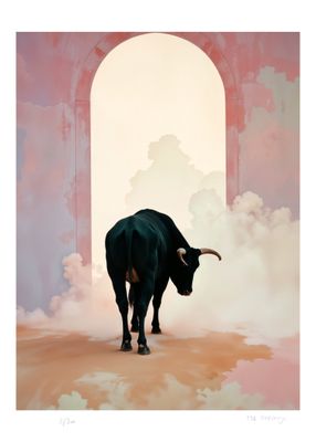 tableau représentant un taureau debout devant une porte, avec des nuages en arrière-plan