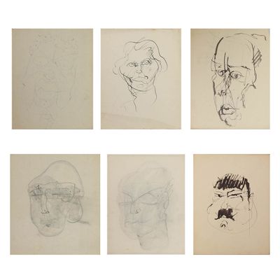 six croquis différents représentant le visage d'un homme et celui d'une femme