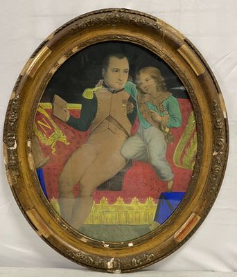 une image représentant un tableau où l'on voit une femme et un enfant assis sur un canapé rouge