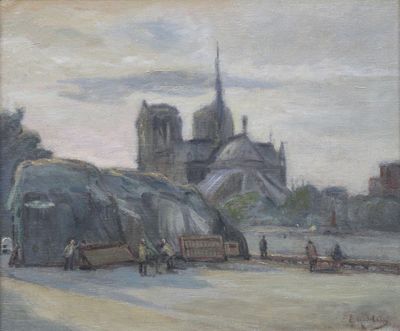 painting of a view of a city with a cathedral in the background