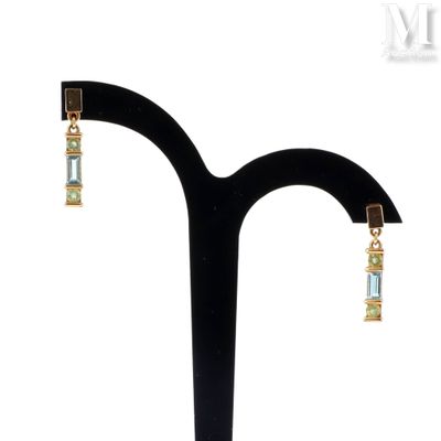 a close up of a pair of earrings on a stand