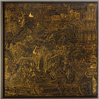 une peinture représentant une ville, aux couleurs or et noir, sur fond noir
