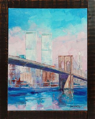 une peinture à l'huile représentant un pont enjambant un plan d'eau, avec des bâtiments en arrière-plan